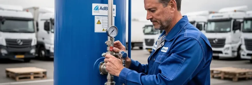Technicien vérifiant une cuve AdBlue conteneurisée sur site logistique avec poids lourd en arrière-plan