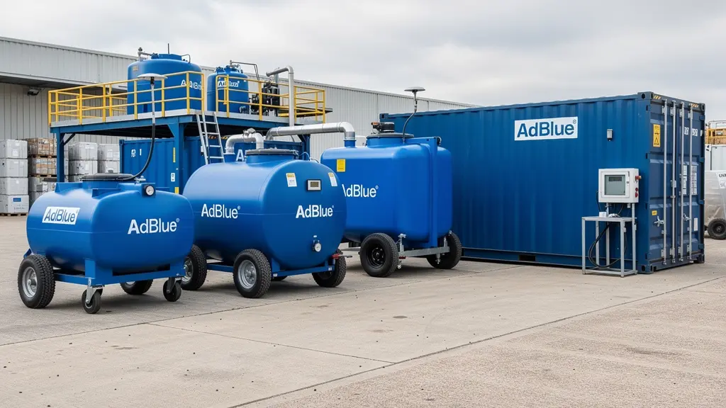Différentes tailles de cuves AdBlue alignées montrant la gamme disponible de 400L à 10000L