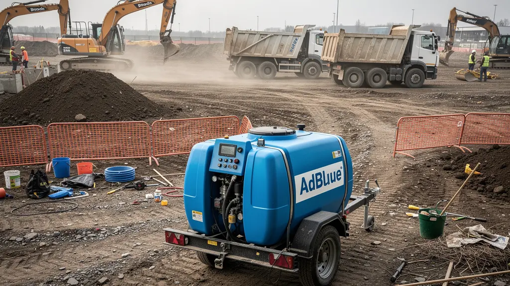 Cuve mobile AdBlue compacte installée sur un chantier de terrassement