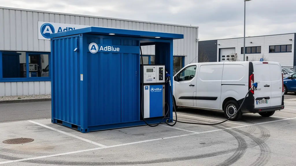 Station AdBlue conteneurisée avec isolation thermique dans un parking d'entreprise