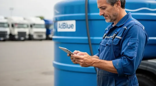 Technicien inspectant une cuve AdBlue bleue dans un dépôt transport