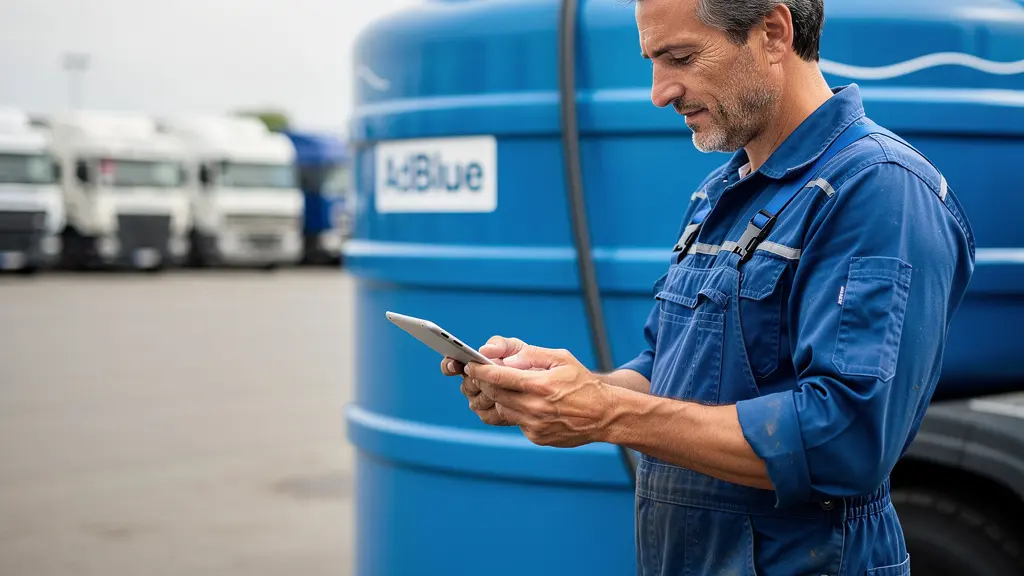 Technicien inspectant une cuve AdBlue bleue dans un dépôt transport